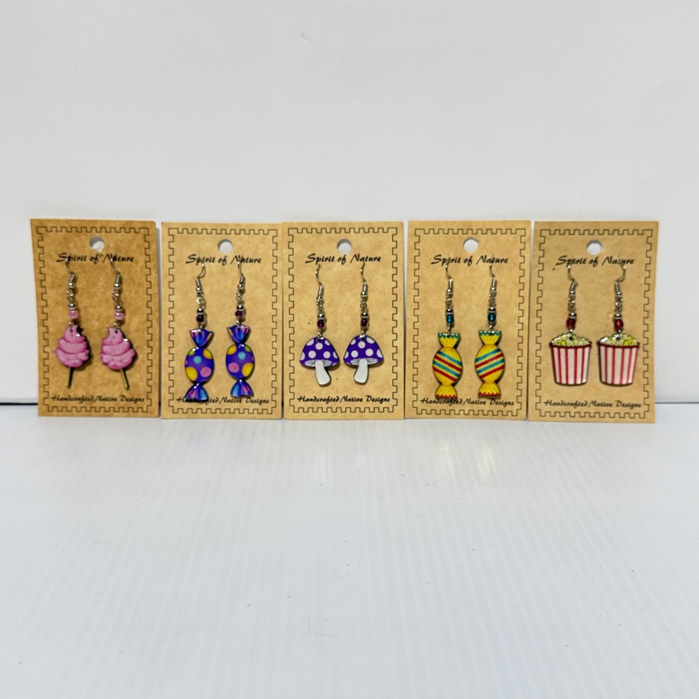 Whimsical Food & Mushroom Drop Earrings Handcrafted Candy Popcorn Art Jewelry